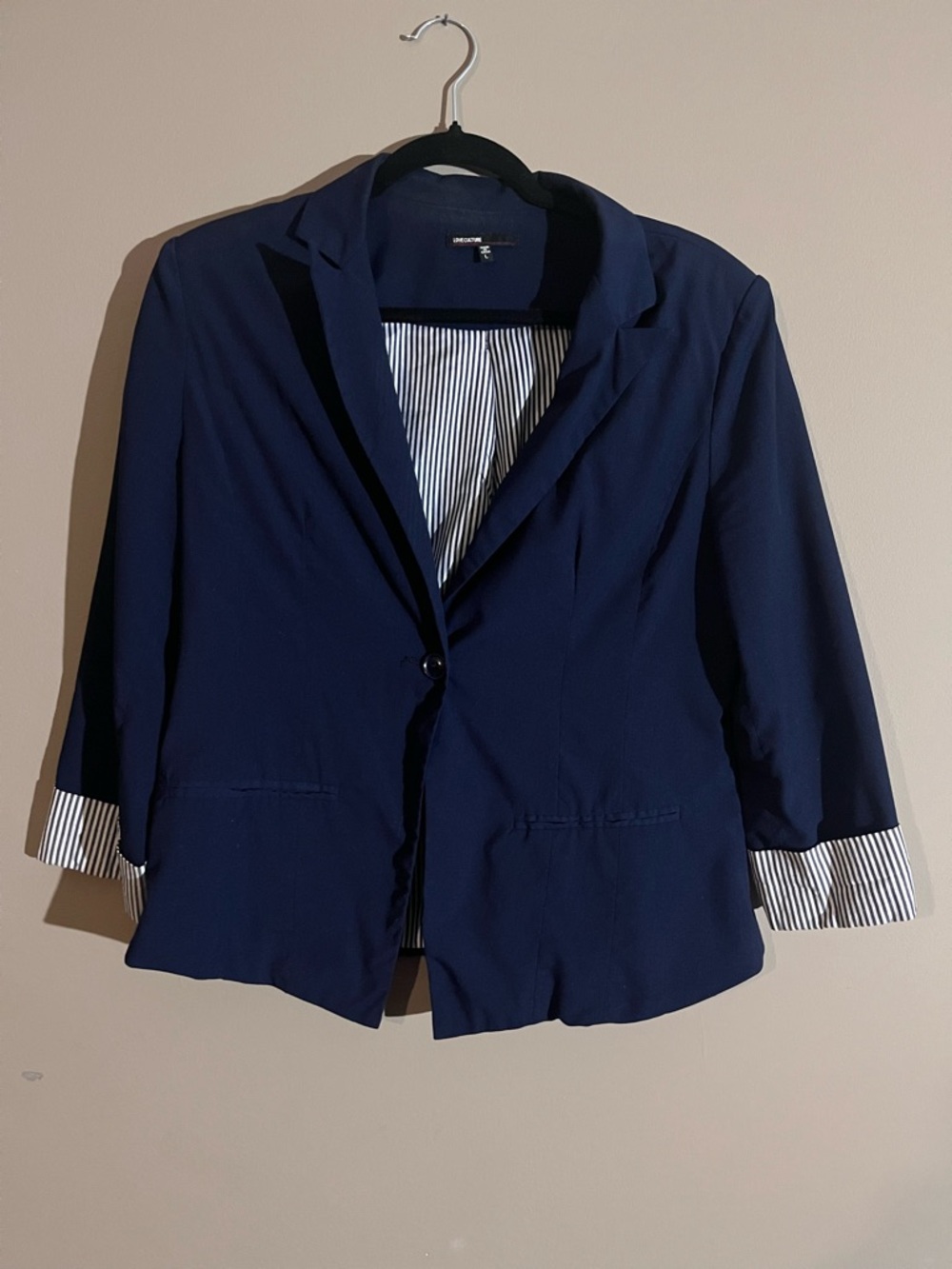 Love Culture Navy Single-Button Blazer with Striped Cuffs